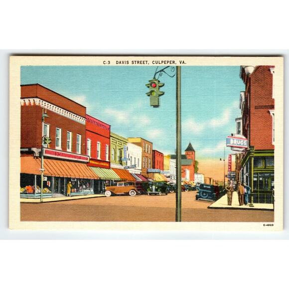 Vintage Davis Street Culpeper Virginia Downtown Postcard Linen Unused - Picture 1 of 2
